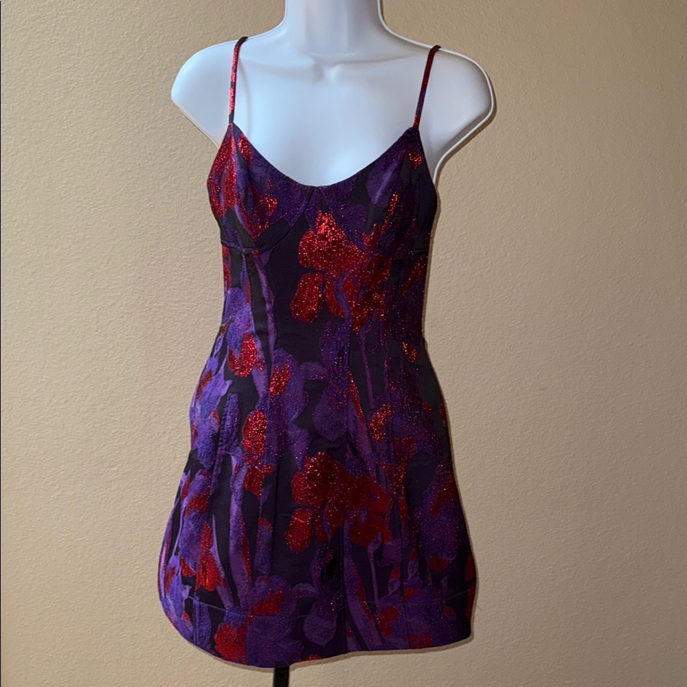 NWT $495 Liv Foster Metallic Jacquard Short Mini Dress Purple Multi Red Size 4